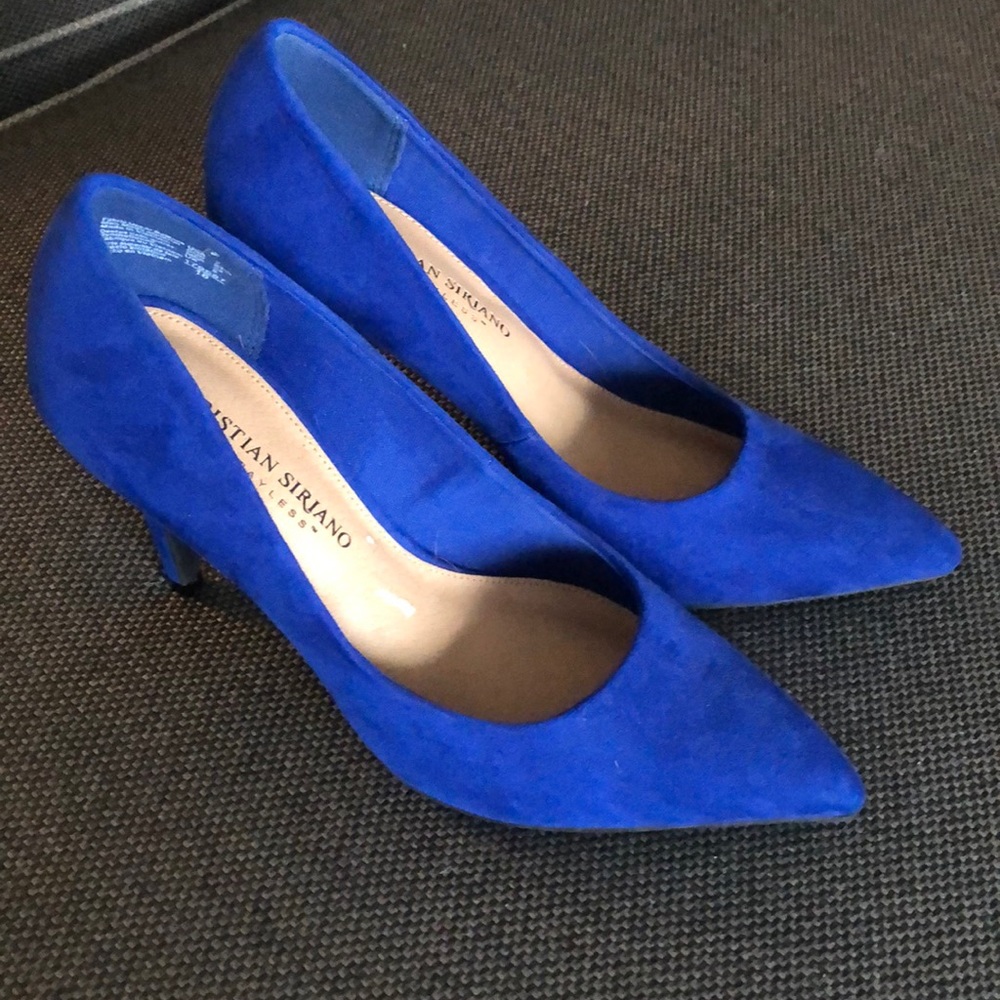 New Christian Siriano blue suede heels